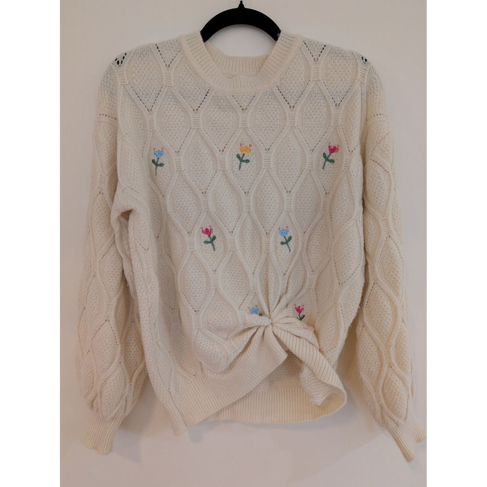 SHEIN Womens Large Floral Embroidered Cable Knit Twist Knot Sweater Cream Boho